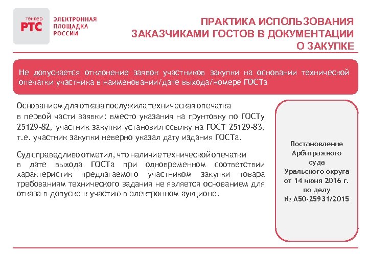 ПРАКТИКА ИСПОЛЬЗОВАНИЯ ЗАКАЗЧИКАМИ ГОСТОВ В ДОКУМЕНТАЦИИ О ЗАКУПКЕ Не допускается отклонение заявок участников закупки