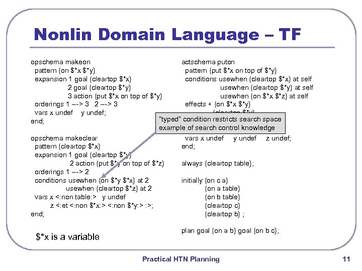Nonlin Domain Language – TF opschema makeon actschema puton pattern {on $*x $*y} pattern
