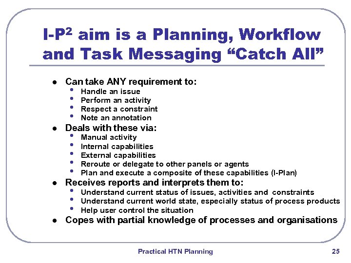 I-P 2 aim is a Planning, Workflow and Task Messaging “Catch All” l l