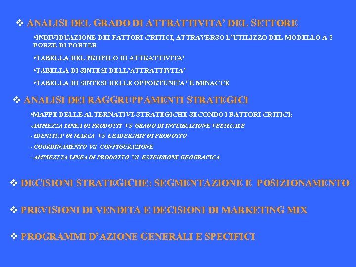 v ANALISI DEL GRADO DI ATTRATTIVITA’ DEL SETTORE • INDIVIDUAZIONE DEI FATTORI CRITICI, ATTRAVERSO