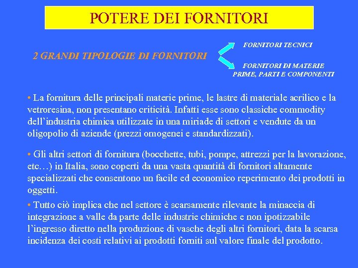 POTERE DEI FORNITORI TECNICI 2 GRANDI TIPOLOGIE DI FORNITORI DI MATERIE PRIME, PARTI E