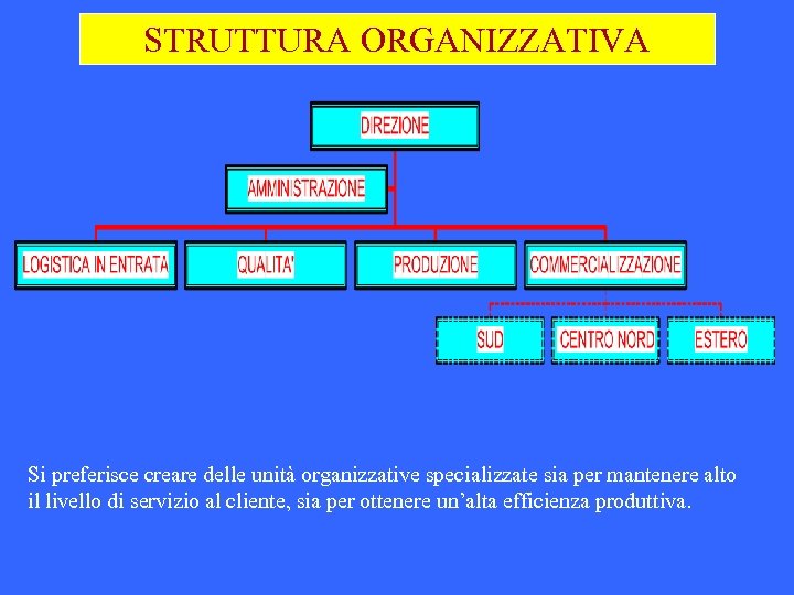 STRUTTURA ORGANIZZATIVA Si preferisce creare delle unità organizzative specializzate sia per mantenere alto il