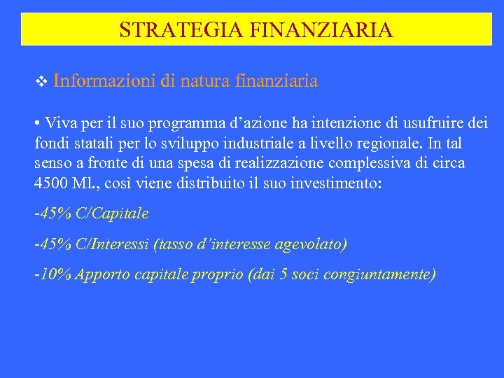 STRATEGIA FINANZIARIA v Informazioni di natura finanziaria • Viva per il suo programma d’azione