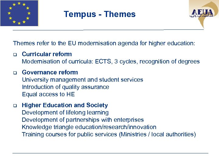 Tempus - Themes refer to the EU modernisation agenda for higher education: q Curricular