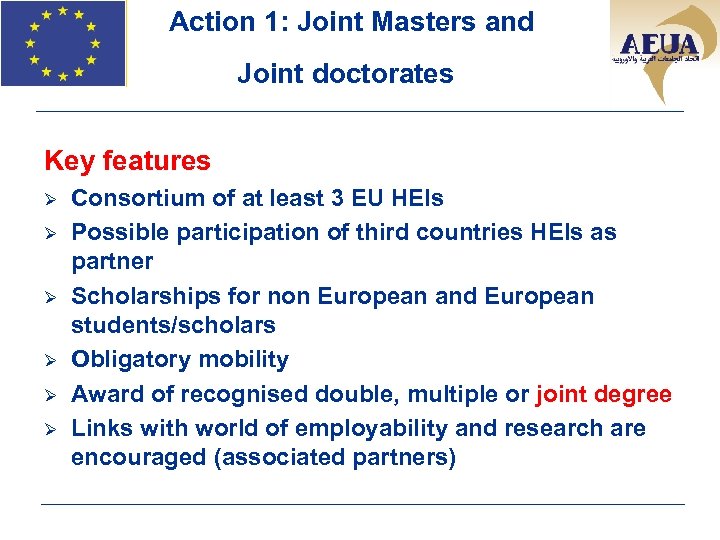 Action 1: Joint Masters and Joint doctorates Key features Ø Ø Ø Consortium of