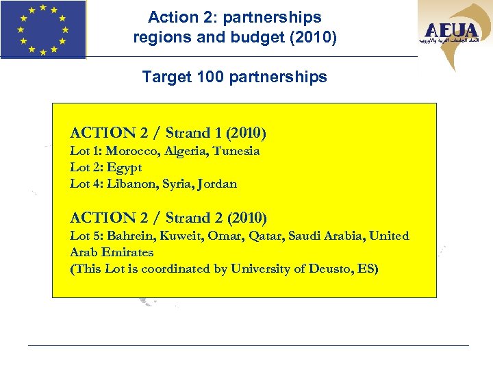Action 2: partnerships regions and budget (2010) Target 100 partnerships W. ACTION 2 /