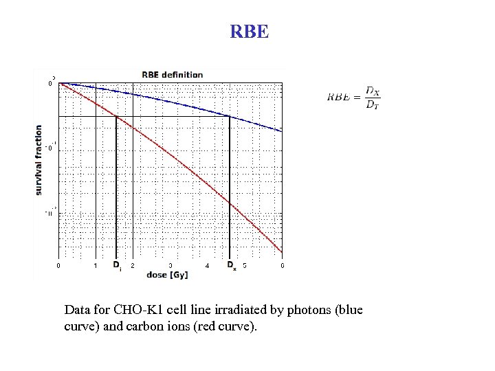 RBE Data for CHO-K 1 cell line irradiated by photons (blue curve) and carbon