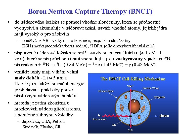 Boron Neutron Capture Therapy (BNCT) • do nádorového ložiska se pomocí vhodné sloučeniny, která