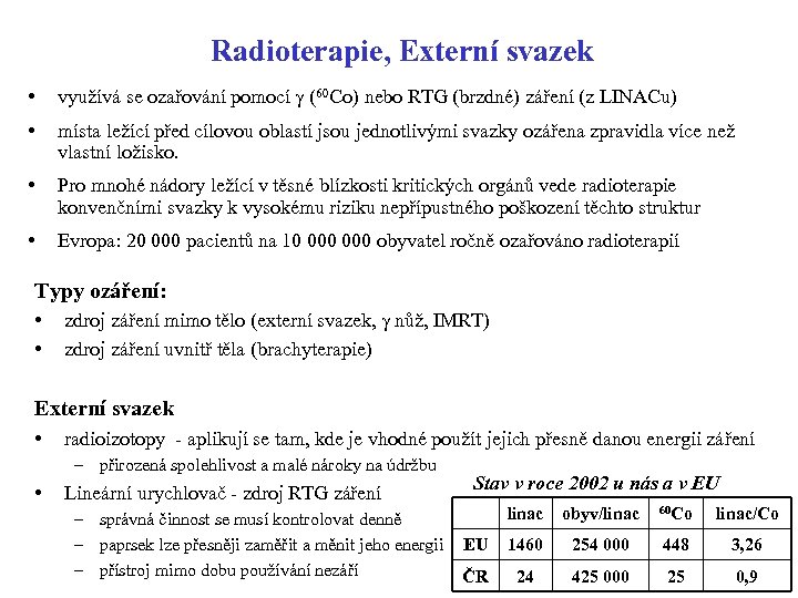 Radioterapie, Externí svazek • využívá se ozařování pomocí g (60 Co) nebo RTG (brzdné)