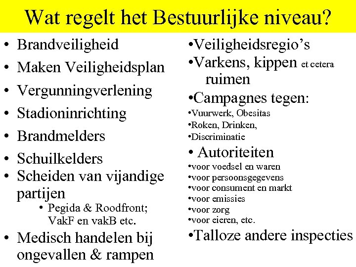 Wat regelt het Bestuurlijke niveau? • • Brandveiligheid Maken Veiligheidsplan Vergunningverlening Stadioninrichting Brandmelders Schuilkelders