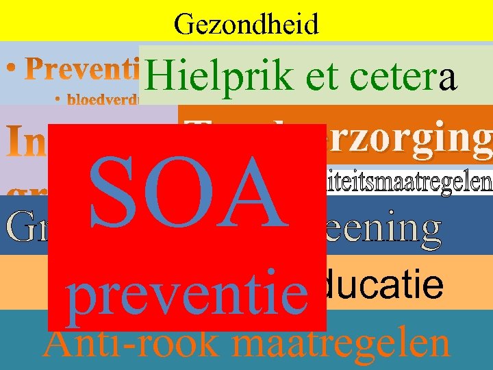 Gezondheid Hielprik et cetera Tandverzorging SOA Grootschalige screening preventie Gezondheidseducatie Anti-rook maatregelen 