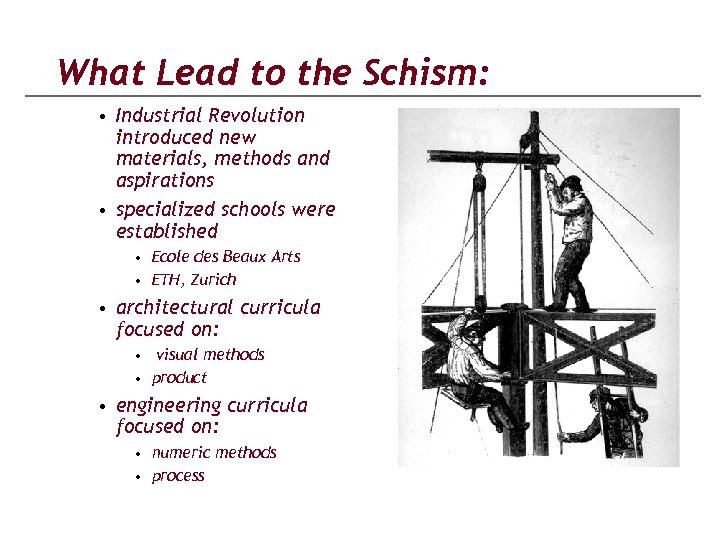 What Lead to the Schism: • Industrial Revolution introduced new materials, methods and aspirations