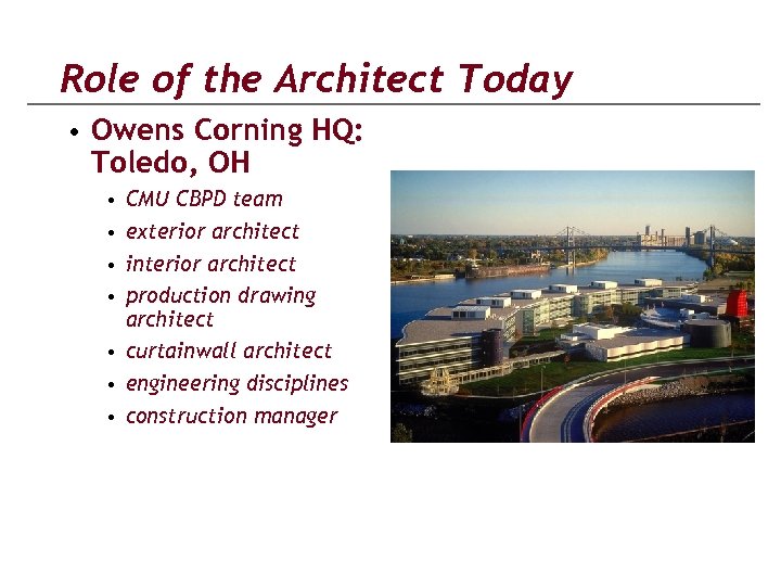 Role of the Architect Today • Owens Corning HQ: Toledo, OH • CMU CBPD