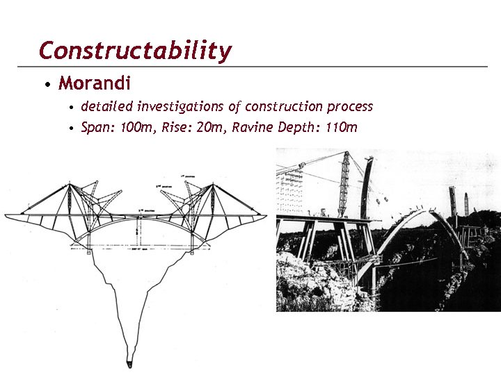 Constructability • Morandi • detailed investigations of construction process • Span: 100 m, Rise: