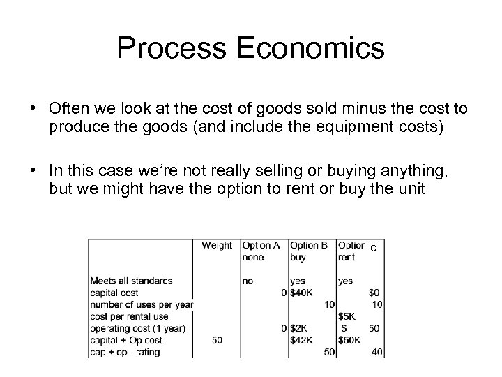 Process Economics • Often we look at the cost of goods sold minus the