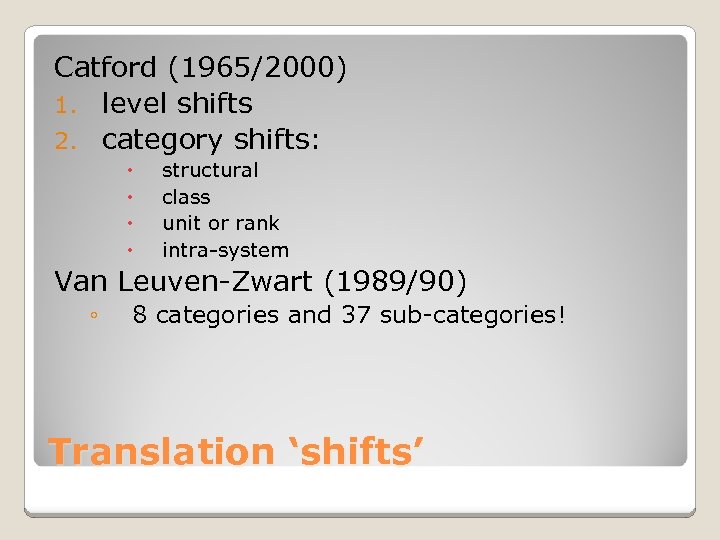 Catford (1965/2000) 1. level shifts 2. category shifts: structural class unit or rank intra-system