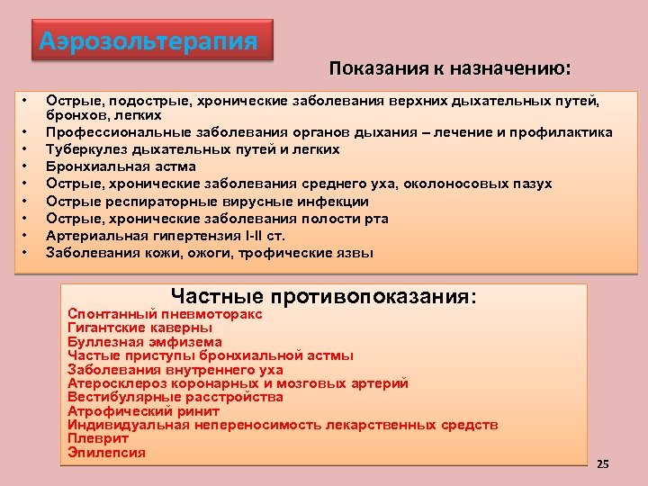 Аэрозольтерапия • • • Показания к назначению: Острые, подострые, хронические заболевания верхних дыхательных путей,