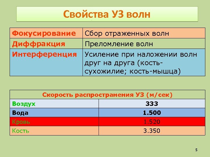 Свойства УЗ волн Фокусирование Диффракция Интерференция Сбор отраженных волн Преломление волн Усиление при наложении