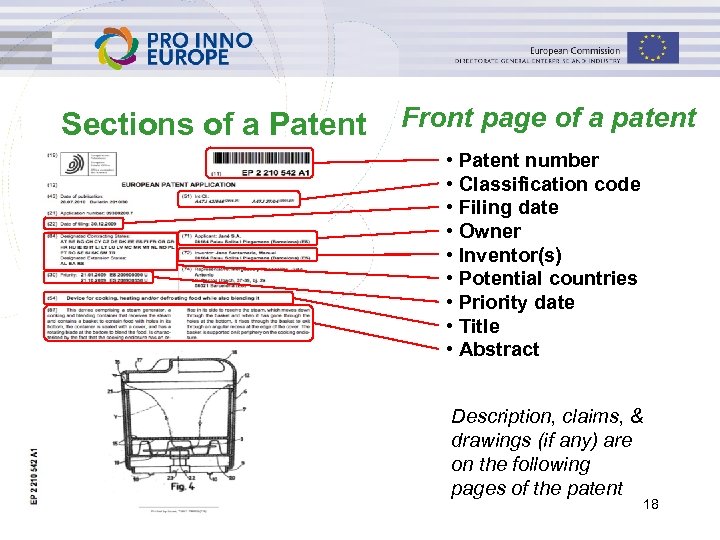 Sections of a Patent Front page of a patent • Patent number • Classification