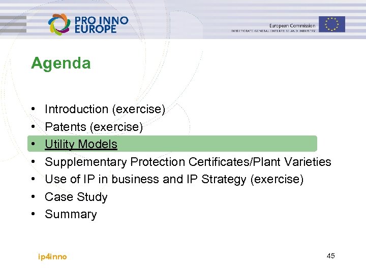 Agenda • • Introduction (exercise) Patents (exercise) Utility Models Supplementary Protection Certificates/Plant Varieties Use