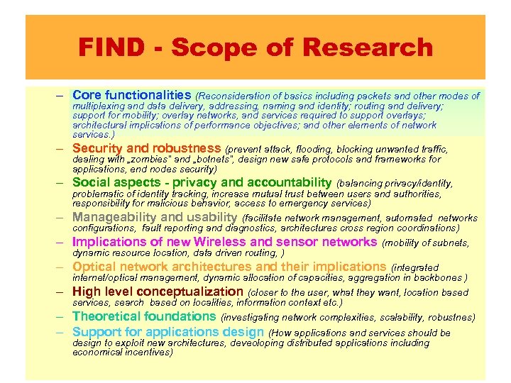 FIND - Scope of Research – Core functionalities (Reconsideration of basics including packets and