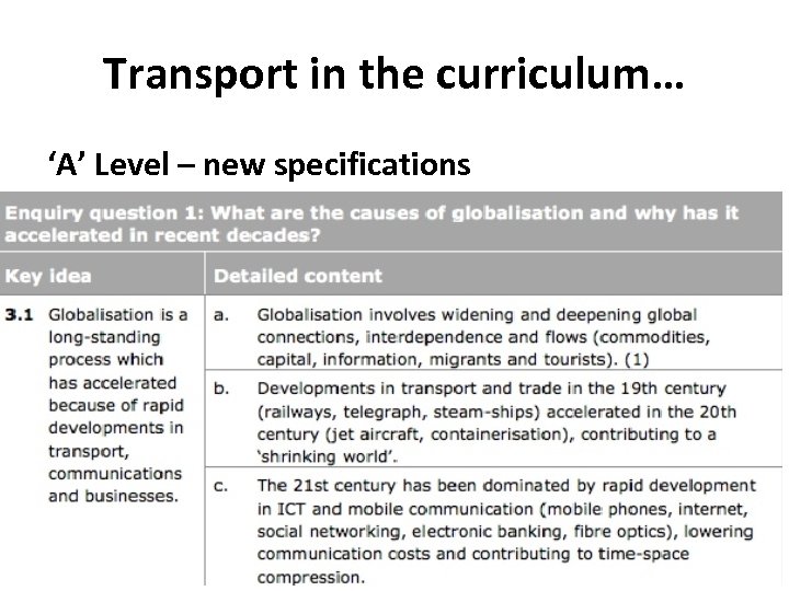 Transport in the curriculum… ‘A’ Level – new specifications What are the causes of