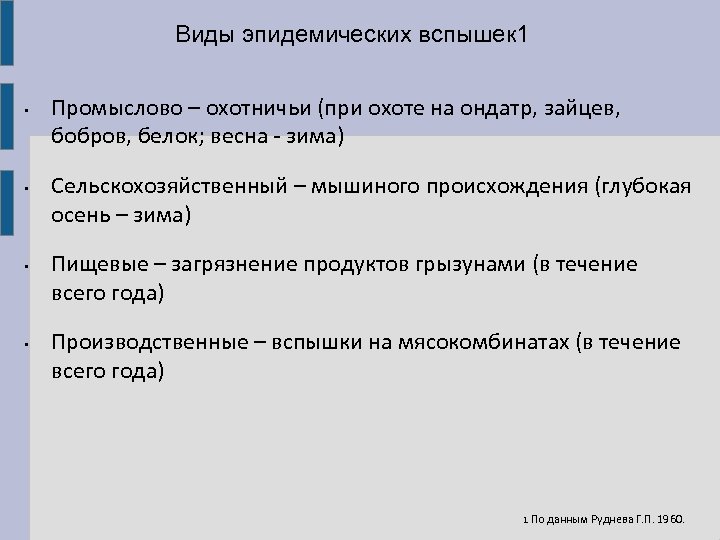 Виды эпидемических вспышек 1 • • Промыслово – охотничьи (при охоте на ондатр, зайцев,