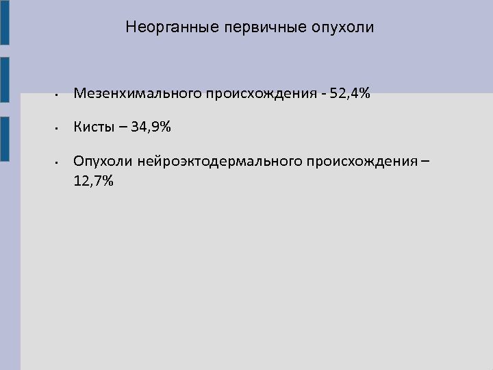 Неорганные первичные опухоли • Мезенхимального происхождения - 52, 4% • Кисты – 34, 9%