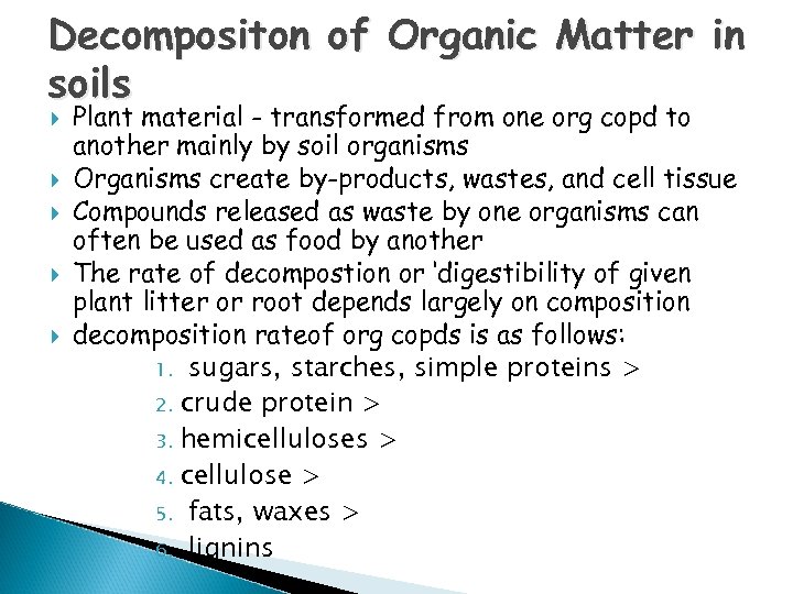 Decompositon of Organic Matter in soils Plant material - transformed from one org copd