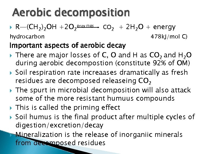 Aerobic decomposition R—(CH 2)2 OH +2 O 2 enzy mes hydrocarbon CO 2 +