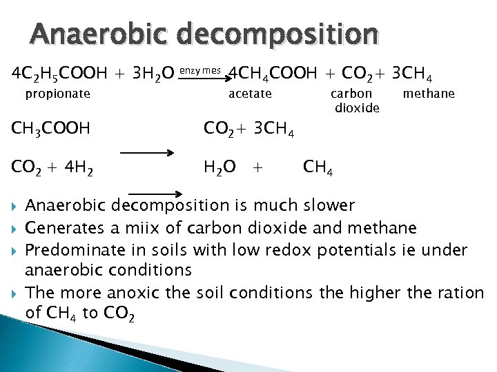 Anaerobic decomposition 4 C 2 H 5 COOH + 3 H 2 O propionate