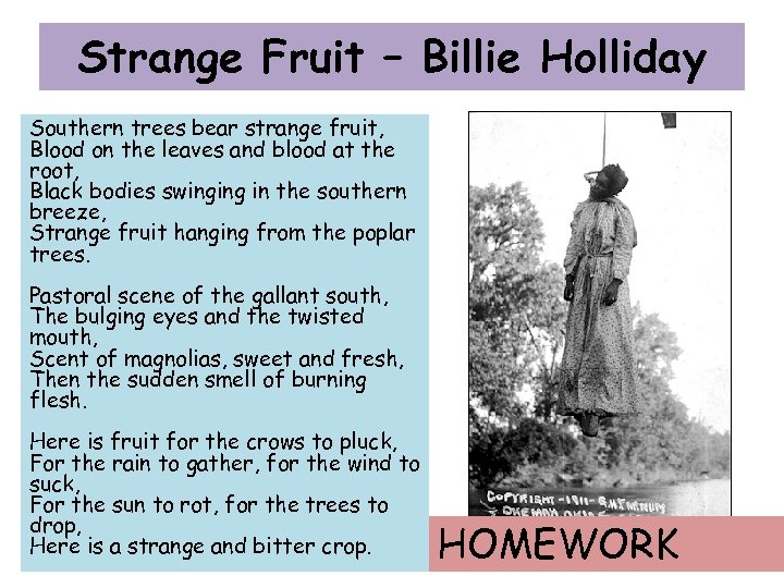 Strange Fruit – Billie Holliday Southern trees bear strange fruit, Blood on the leaves