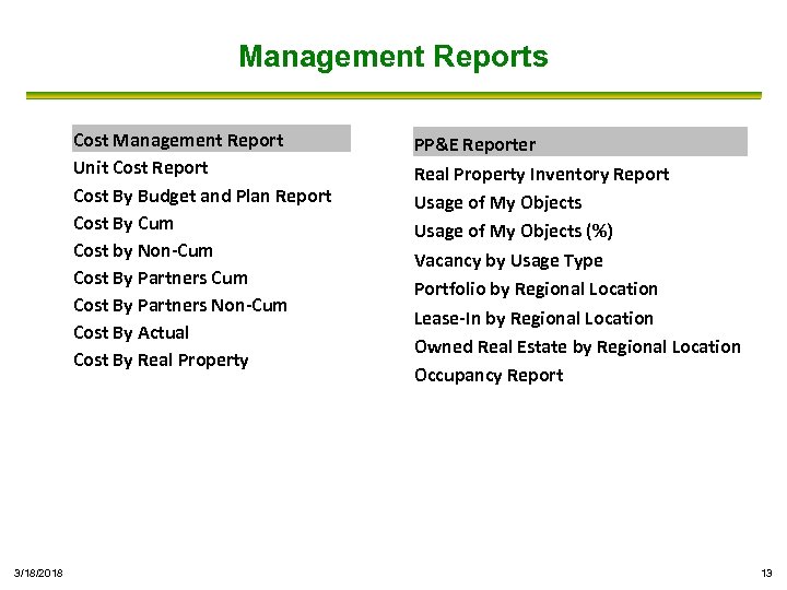 Management Reports Cost Management Report Unit Cost Report Cost By Budget and Plan Report