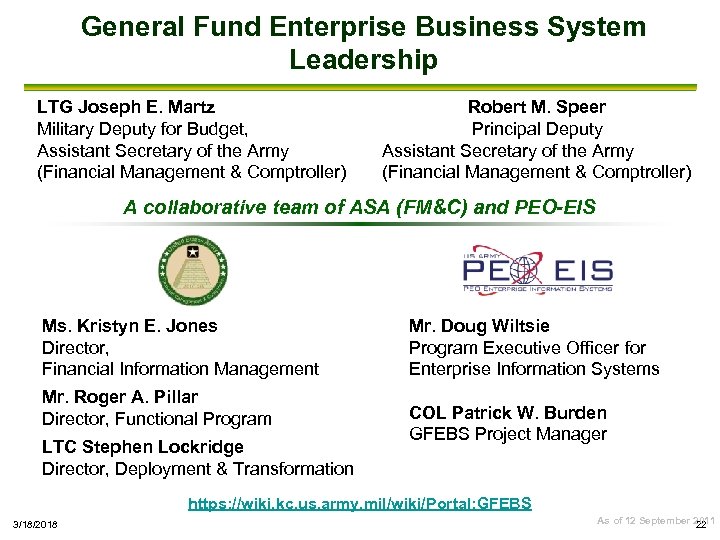 General Fund Enterprise Business System Leadership LTG Joseph E. Martz Military Deputy for Budget,