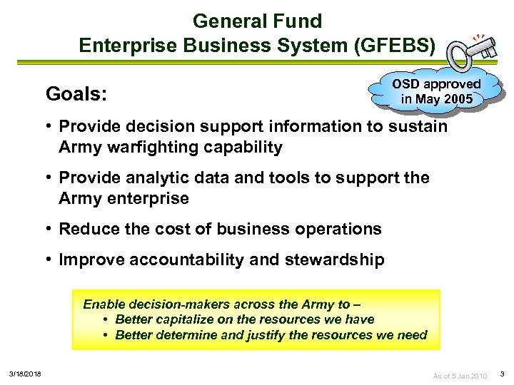 General Fund Enterprise Business System (GFEBS) Goals: OSD approved in May 2005 • Provide