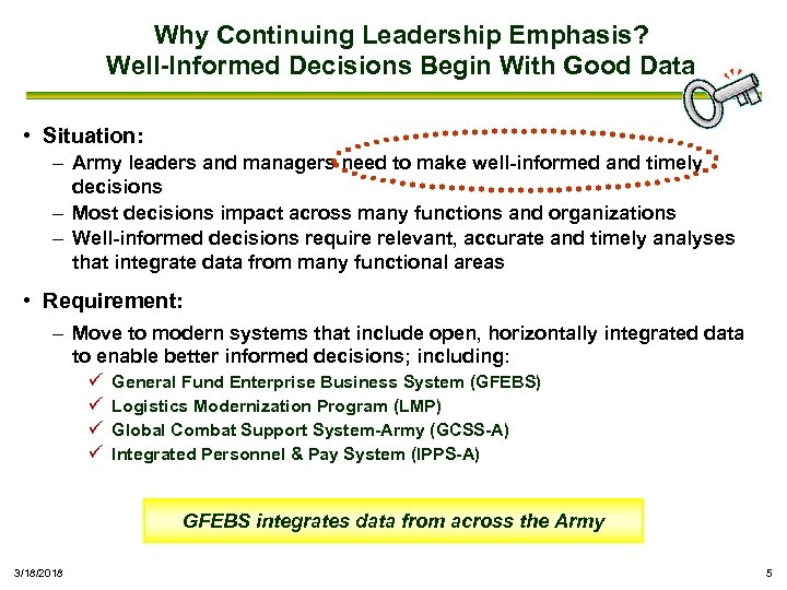 Why Continuing Leadership Emphasis? Well-Informed Decisions Begin With Good Data • Situation: – Army