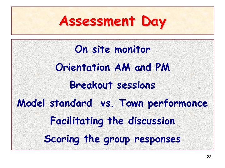 Assessment Day On site monitor Orientation AM and PM Breakout sessions Model standard vs.