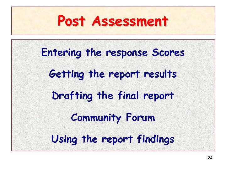 Post Assessment Entering the response Scores Getting the report results Drafting the final report