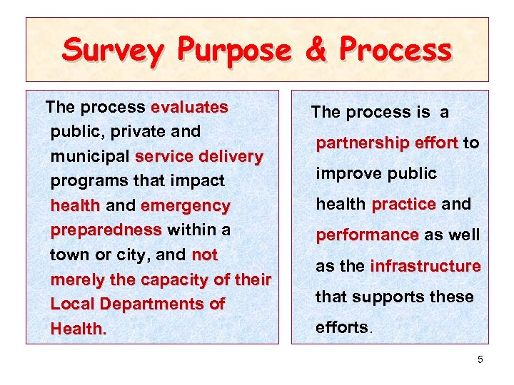 Survey Purpose & Process The process evaluates public, private and municipal service delivery programs