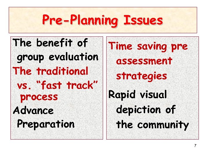 Pre-Planning Issues The benefit of Time saving pre group evaluation assessment The traditional strategies