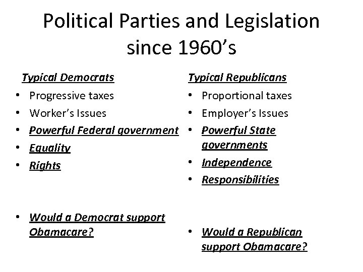 Political Parties and Legislation since 1960’s Typical Democrats • • • Progressive taxes Worker’s