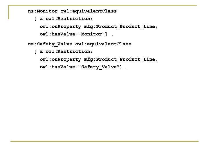 ns: Monitor owl: equivalent. Class [ a owl: Restriction; owl: on. Property mfg: Product_Line;