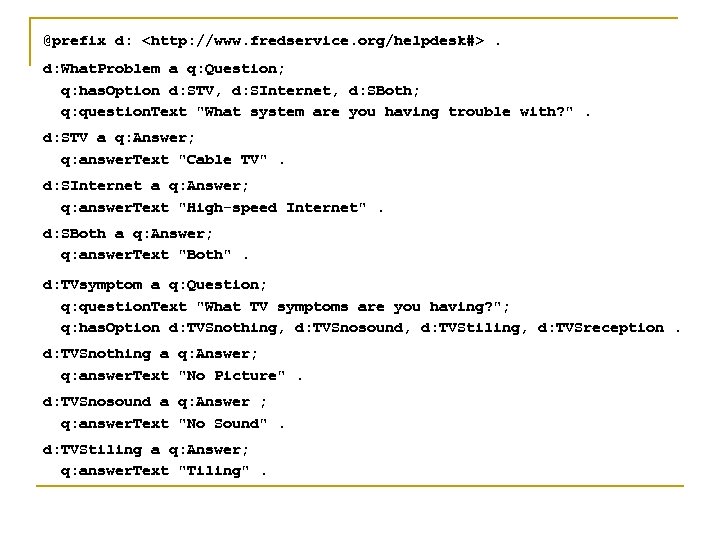 @prefix d: <http: //www. fredservice. org/helpdesk#>. d: What. Problem a q: Question; q: has.