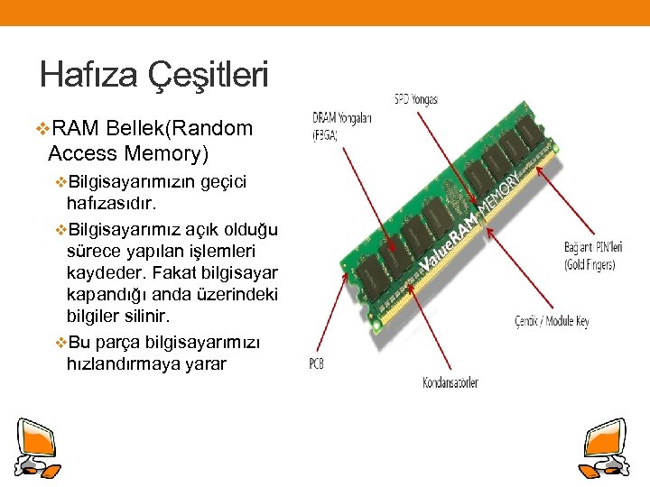 Hafıza Çeşitleri v. RAM Bellek(Random Access Memory) v. Bilgisayarımızın geçici hafızasıdır. v. Bilgisayarımız açık