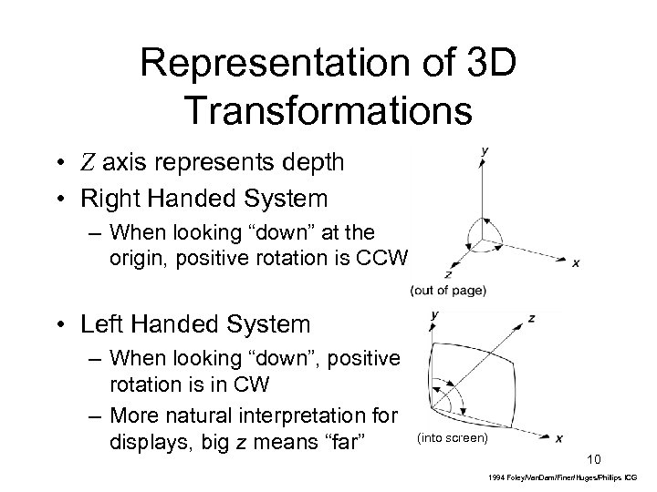 Representation of 3 D Transformations • Z axis represents depth • Right Handed System
