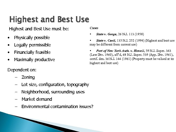 Highest and Best Use must be: • Physically possible • Legally permissible • Financially