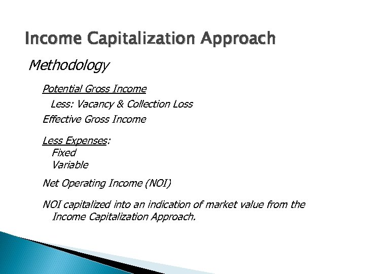 Income Capitalization Approach Methodology Potential Gross Income Less: Vacancy & Collection Loss Effective Gross