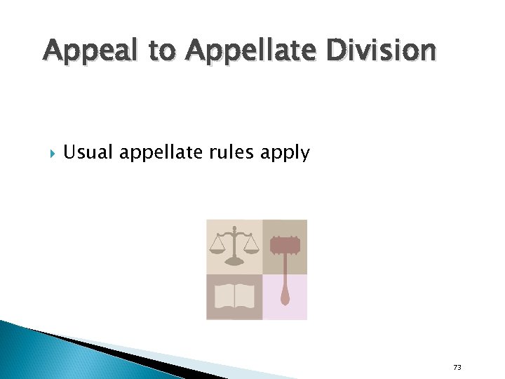 Appeal to Appellate Division Usual appellate rules apply 73 