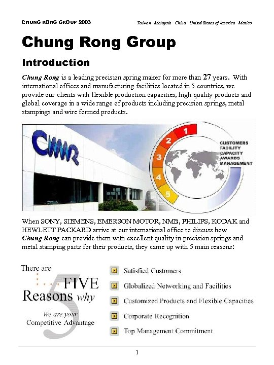 CHUNG RONG GROUP 2003 Taiwan Malaysia China United States of America Mexico Chung Rong