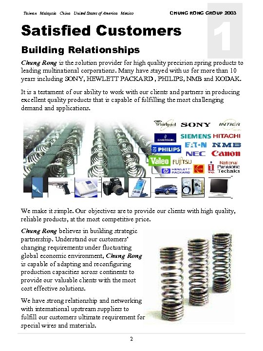 Taiwan Malaysia China United States of America Mexico Satisfied Customers Building Relationships 1 CHUNG